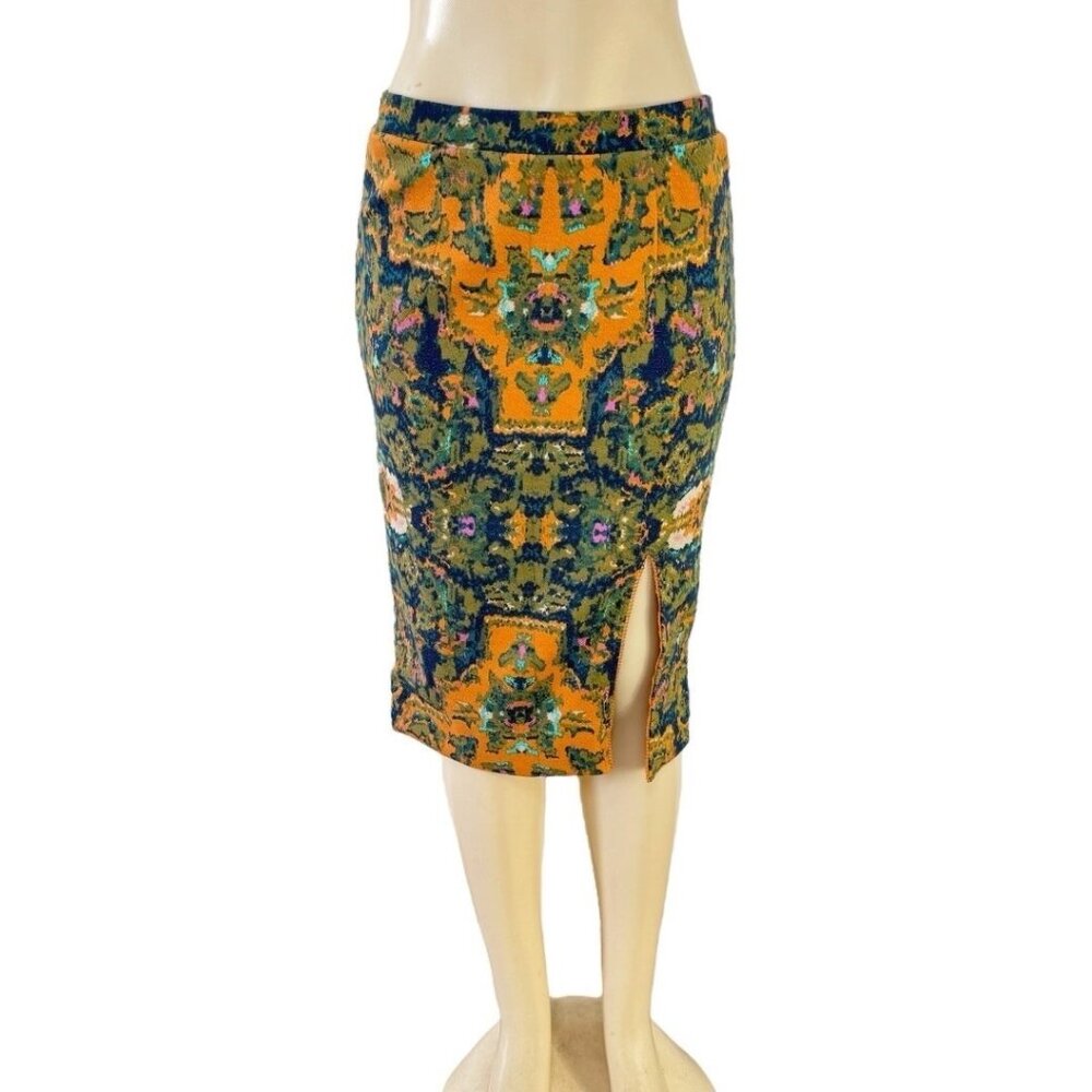 New Chelsea & Theodore Orange Multicolor‎ Stretch Slit Straight Skirt